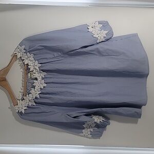 Women's Bedford Fair blue & White striped blouse size 1X elastic neckline trim‎